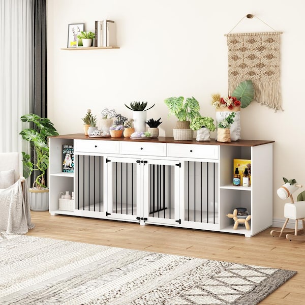 FUFU&GAGA Wooden Large Dog Crate Furniture, Upgrade Dog Kennel with 3-Drawers, Double Dog Cage with Removable Irons for 2 Dogs