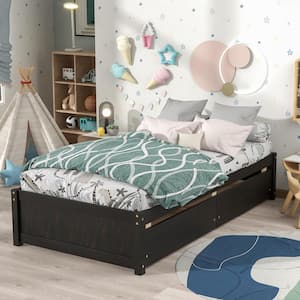 Brown Twin Size Wood Bed with 2 Drawers Platform Bed for Kids, Daybed for Bedroom, Living Room, No Box Spring Needed