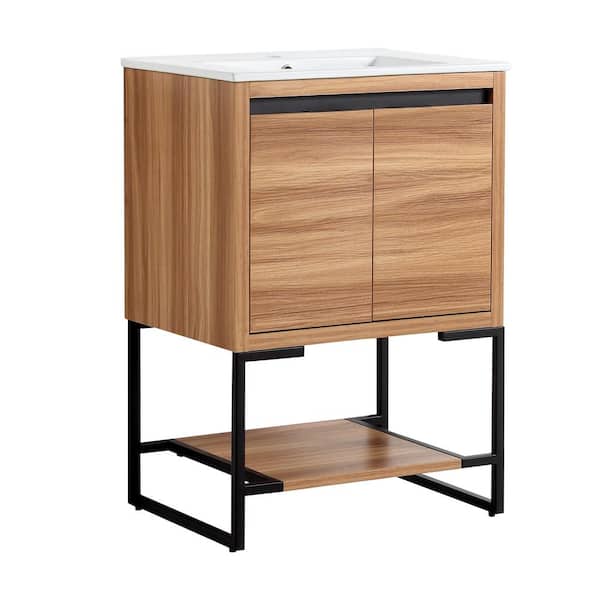 JimsMaison 24 in. W x 18 in. D x 34.25 in. H Bath Vanity in Maple with White Ceramic Vanity Top with White Basin