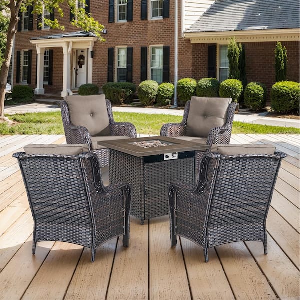 Brown 5-Piece Wicker Patio Fire Pit Set, Outdoor 4-Person Seating Set with Olefin Gray Cushions and Armchairs