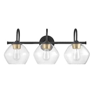 Harrow 26.3 in. 3-Light Dark Bronze Vanity Light with Antique Brass Accents and Clear Glass Shades