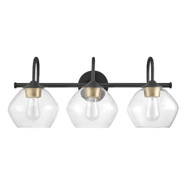 Globe Electric Harrow 26.3 in. 3-Light Dark Bronze Vanity Light with Antique Brass Accents and Clear Glass Shades