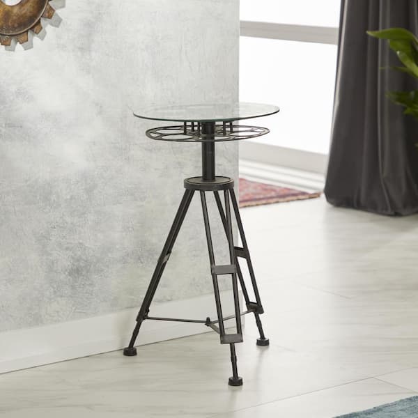Litton Lane 15 in. Black Film Reel Large Round Glass End Accent Table with Tripod Legs and Glass Top