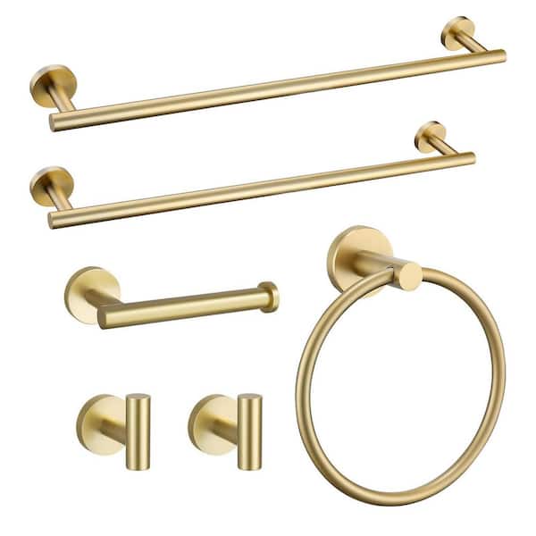 6-Piece Modern Bath Hardware Set with Towel Bar Towel Hook Toilet Paper Holder and Towel Ring Wall Mount in Brushed Gold