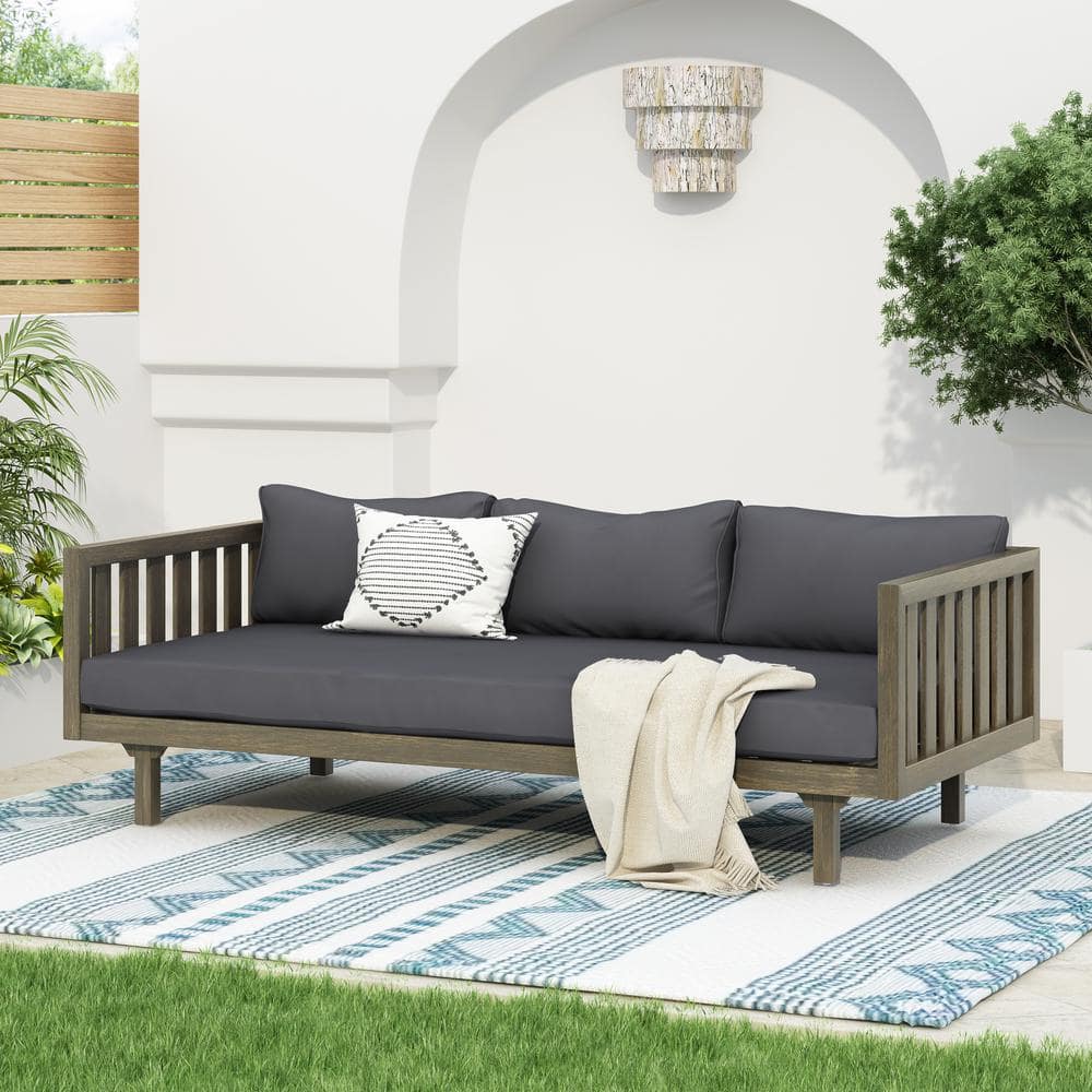Acacia Wood Outdoor 3-Seater Day Bed with Grey Water-Resistant Cushions-Out