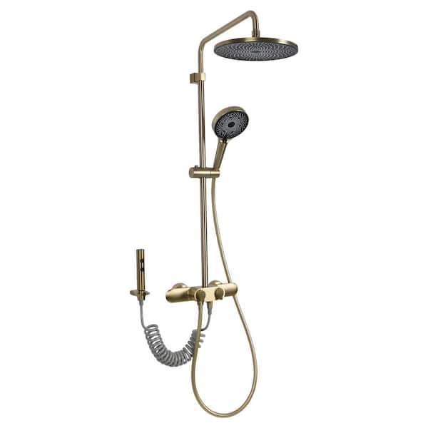 FLG Double Handle 4-Spray Tub and Shower Faucet with Hand Shower 1.8 GPM Rain Shower System in Brushed Gold Valve Included