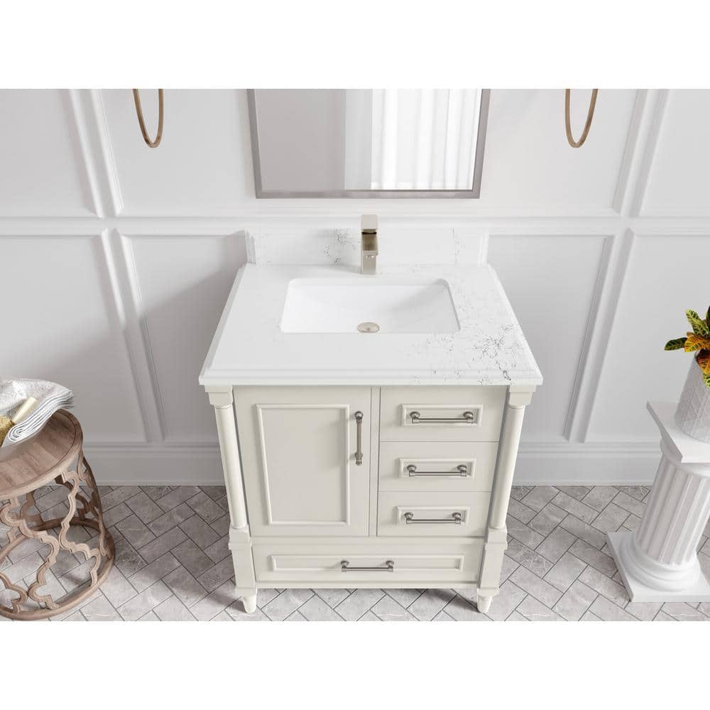 Alabaster White Solid Wood Single Bathroom Vanity with Quartz Top