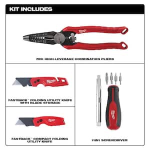 7-in-1 Combination Wire Stripper/Cutter Plier with FASTBACK Folding Utility Knife Set and 11-in-1 Screwdriver (4-Piece)
