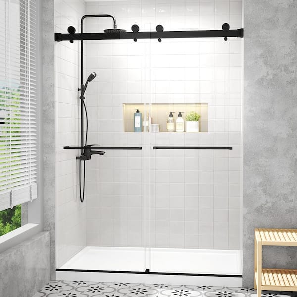 56-60 in.W x 76 in.H Double Sliding Frameless Shower Door,3/8 in.(10mm)Tempered Glass,Stainless Steel,Matte Black