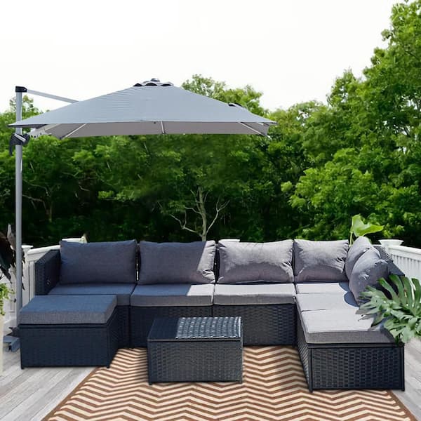 Wateday Outdoor Black 7-Piece Wicker Patio Conversation Set with Gray Cushions