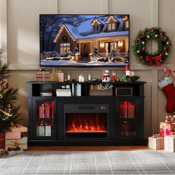58 in. Freestanding Wooden Smart Electric Fireplace TV Stand in Black with LED Lights