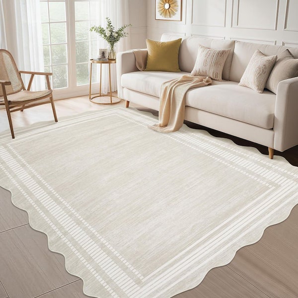 5 X 7 ft. Beige White Scallop Area Rug, Washable Rug, Non-Slip Low-Pile Solid Rug, for Bedroom, Living Room, Home Office