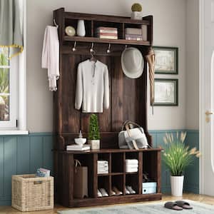 3-in-1 Hall Tree with 6 Hooks, Coat Hanger, Entryway Bench, Storage Bench, for Entrance, Hallway in Brown