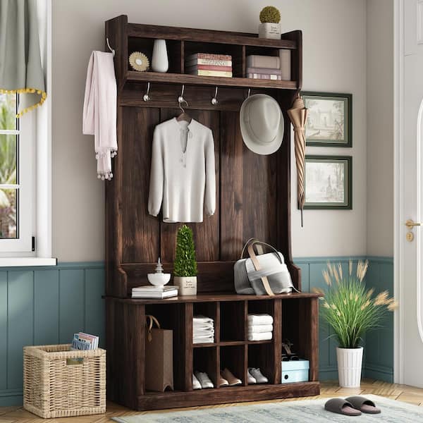 3-in-1 Hall Tree With 6 Hooks, Coat Hanger, Entryway Bench, Storage 