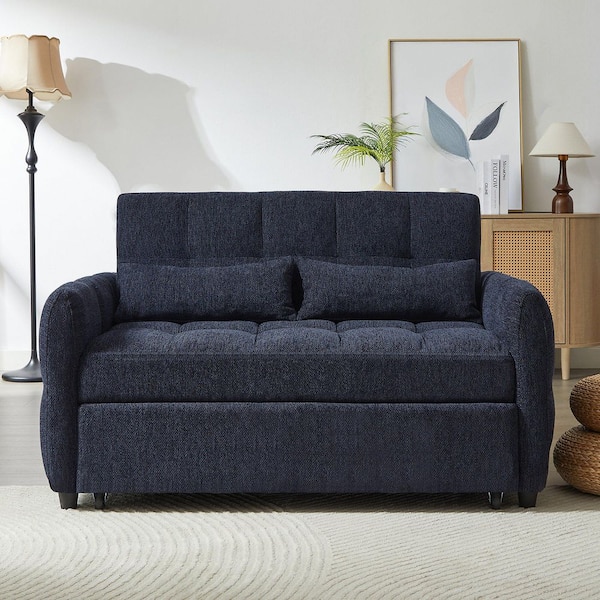 52.8 in. Rolled Arm Chenille Rectangle with an Adjustable Backrest, USB Ports and Lumbar Pillows Sofa in Blue