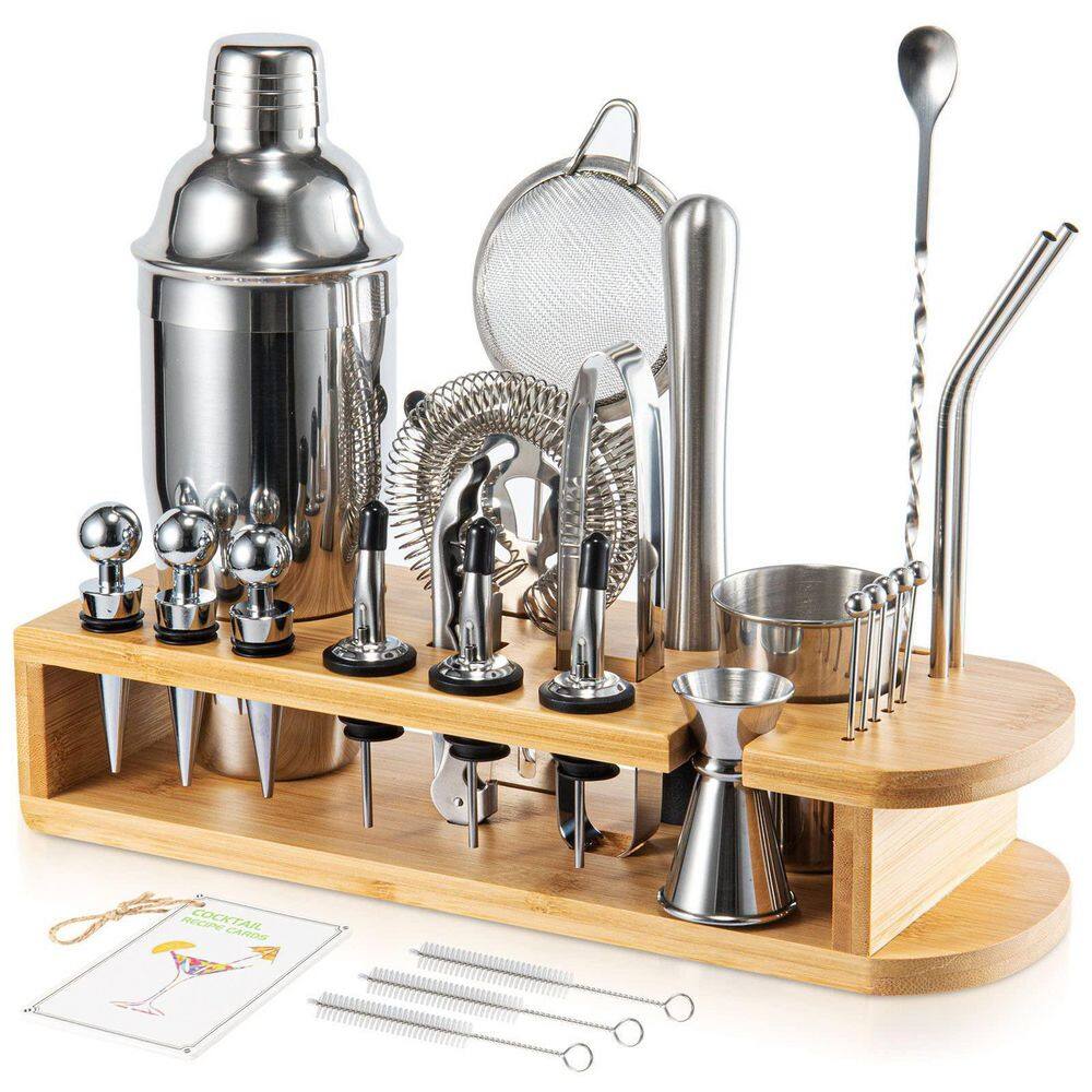 Wudkey 26-Piece Silver Cocktail Shaker Set with Bamboo Stand 1/0.5