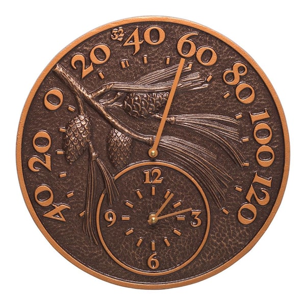 Whitehall Products 14 in. Antique Copper Pinecone Thermometer and Clock