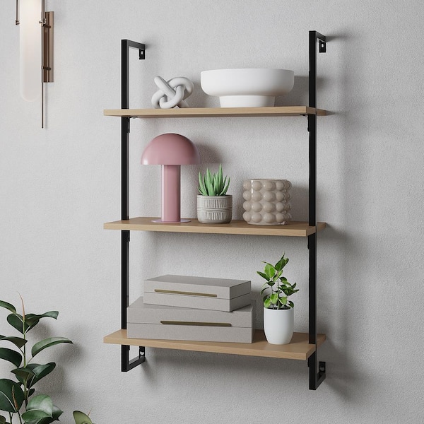 Madera 40.55 in. Classic Industrial 3-Shelf Wood Wall-Mounted Open Ladder Bookcase with Metal Frame, Light Oak/Black