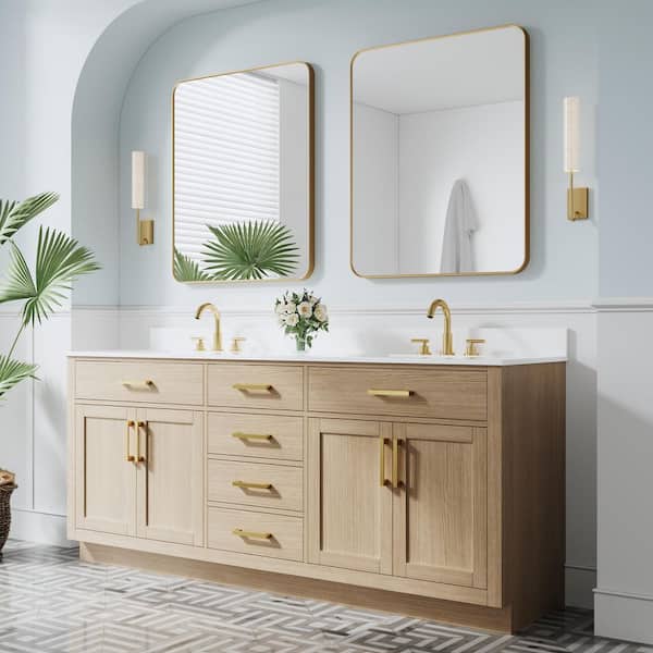 NORA 80 in. Freestanding OAK Solid Wood Bath Vanity with Pure White Cultured Marble Top, Soft-Close, Assembled