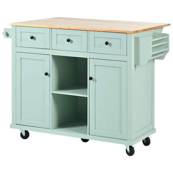 Green Wood 53 in. Kitchen Island with Drop Leaf Countertop, Storage Cabinet and 3-Drawers on 5 Wheels for Dinning Room