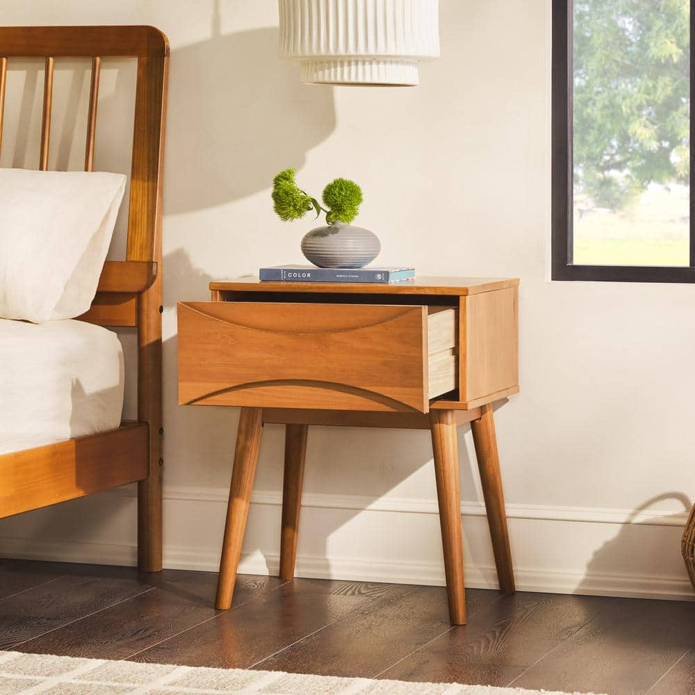 1-Drawer Caramel Solid Wood Mid-Century Modern Curve Nightstand -  Welwick Designs, HD9837