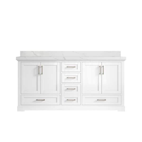 Willow Collections Boston 72 in. W x 22 in. D x 36 in. H Double Sink Bath Vanity in White with 2" Calacatta Quartz Top