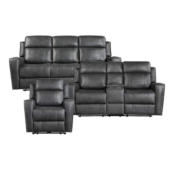 Cadmus 82 in. W Slope Arm Microfiber Rectangle 3-Piece Power Double Reclining Sofa Set in Smoky Gray