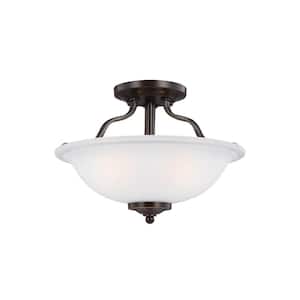 Emmons 13 in. 2-Light Bronze Traditional Transitional Semi-Flush Mount with Satin Etched Glass Shade