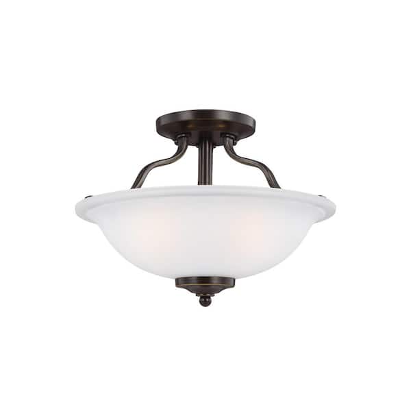 Generation Lighting Emmons 13 in. 2-Light Bronze Traditional Transitional Semi-Flush Mount with Satin Etched Glass Shade