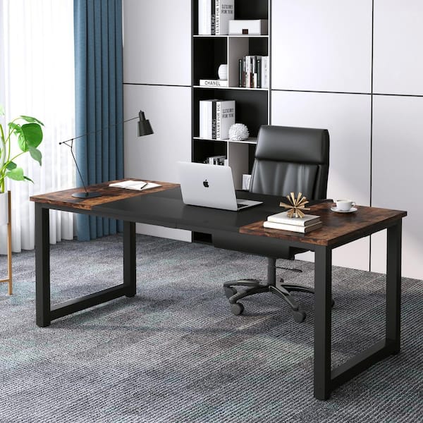 70.8 in. Executive Desk Black and Rustic Brown Computer Desk with Thicken Frame