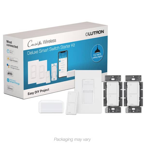 Lutron Caseta Deluxe Smart Switch Kit with Smart Bridge, 2 Smart Switches, Remote in White