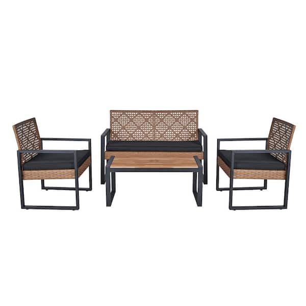 maocao hoom 4-Piece Wicker Patio Conversation Set With Black Cushions, Acacia Wood Table Top, Light Brown