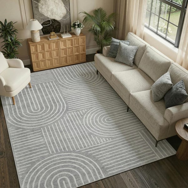 Washable Modern Abstract Rainbow Striped Non-Slip Gray 8 ft. x 10 ft. Living Room Bedroom Indoor Area Rug