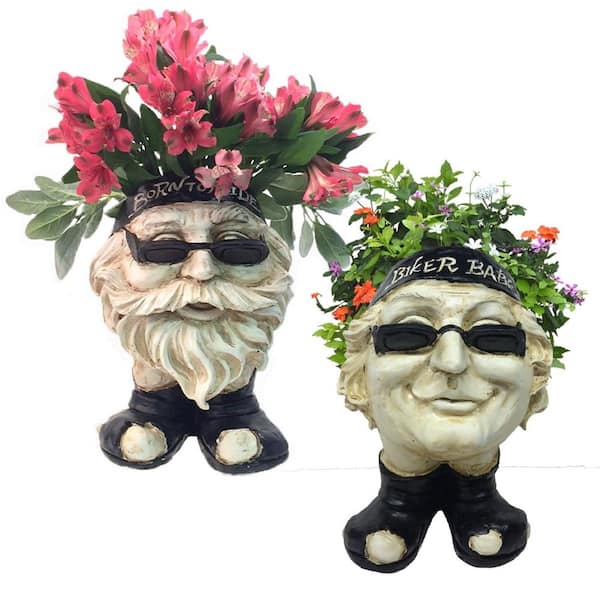 HOMESTYLES 13 in. H Biker Dude and Babe Antique White Muggly Face Planter in Motorcycle Attire Statue Holds 4 in. Pot