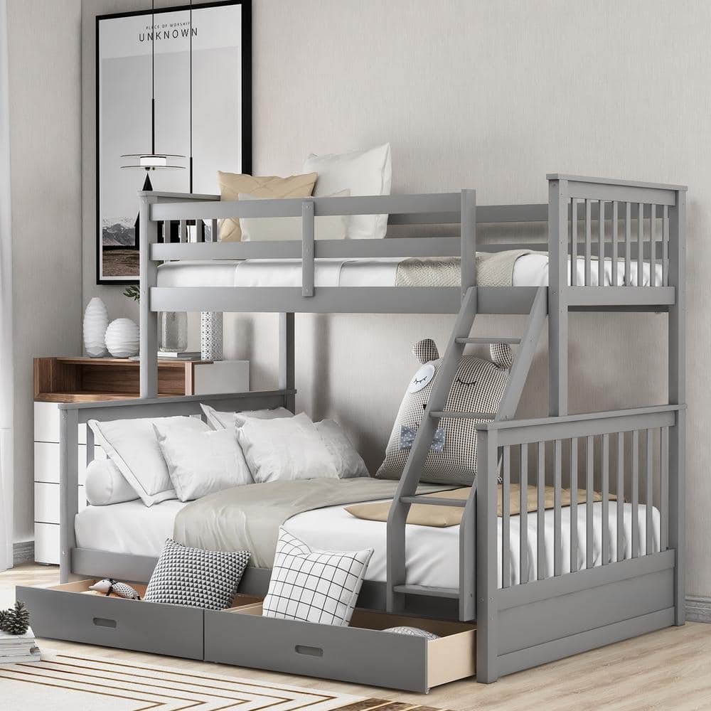 Twin-Over-Full Bunk Bed with Ladders and 2-Storage Drawers in Gray