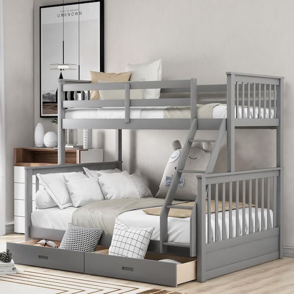 Seafuloy Twin-Over-Full Bunk Bed with Ladders and 2-Storage Drawers in Gray