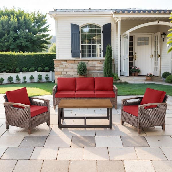 Kelsey 4-Piece Brown Wicker Patio Conversation Seating Sofa Set with Red Cushions