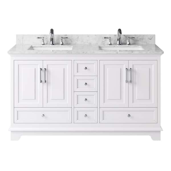 Exclusive Heritage McAuley 59.29 in. W x 21.65 in. D x 33.86 in. H Bath Vanity in White with Marble Vanity Top in White with White Basins