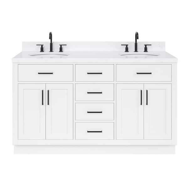 Hepburn 60 in. W x 22 in. D x 36 in. H Double Sink Freestanding Bath Vanity in White with Carrara Quartz Top