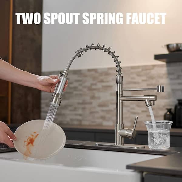 Pro Style Spring Single Handle Brushed Nickel 18.4 in. H Dual Spout Pull-Down Kitchen Faucet W/ 180 Swivel