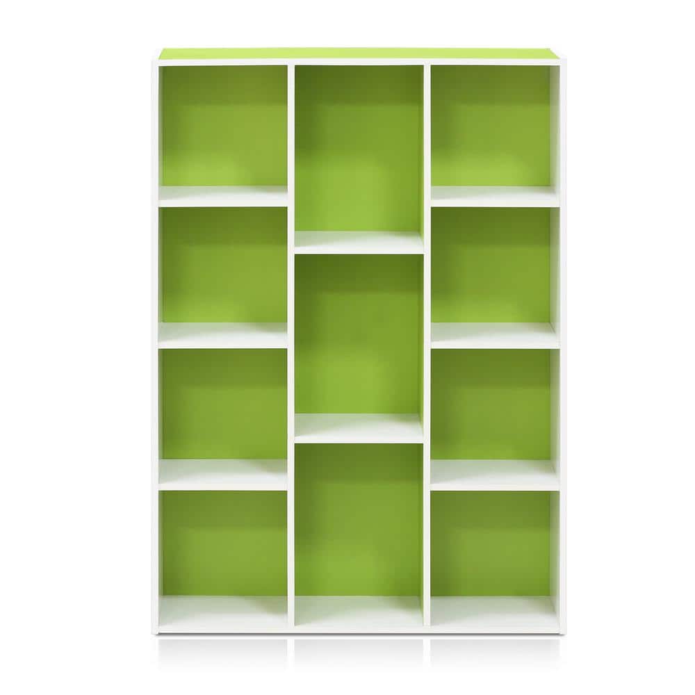 Contemporary White & Light Green Wood 11-Cube Kids Storage Shelf