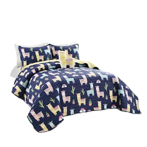 4-Piece Navy/Yellow Full/Queen Polyester Make A Wish Southwest Llama Cactus Quilt