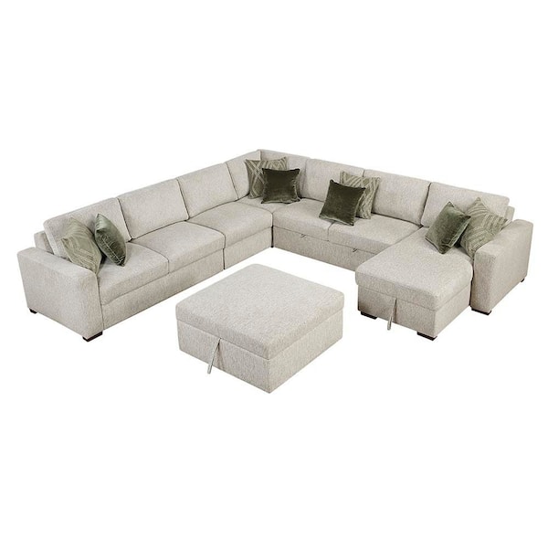 Deleon 140 in. Straight Arm 6-Piece Microfiber Sectional Sofa with Reversible Chaise, Pull-Out Bed and Ottoman in Sand