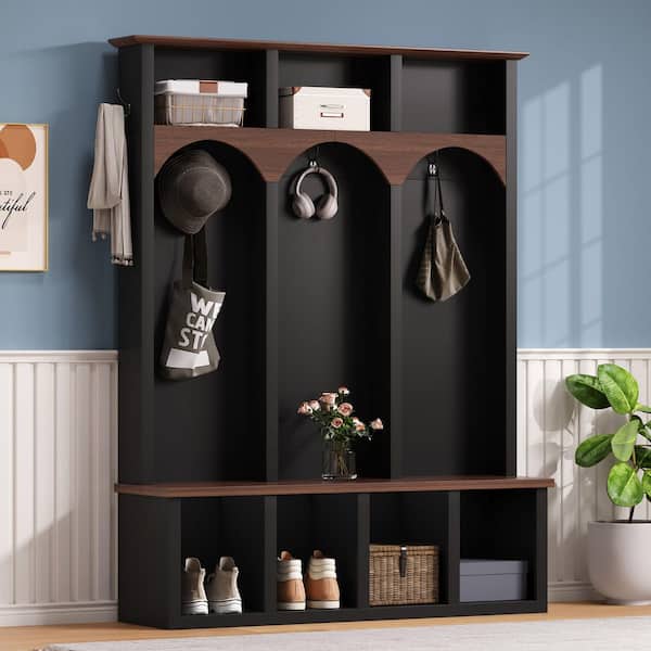 Black Hall Tree with 5 Black Hooks, 7 Cubbies, Entryway Storage Bench