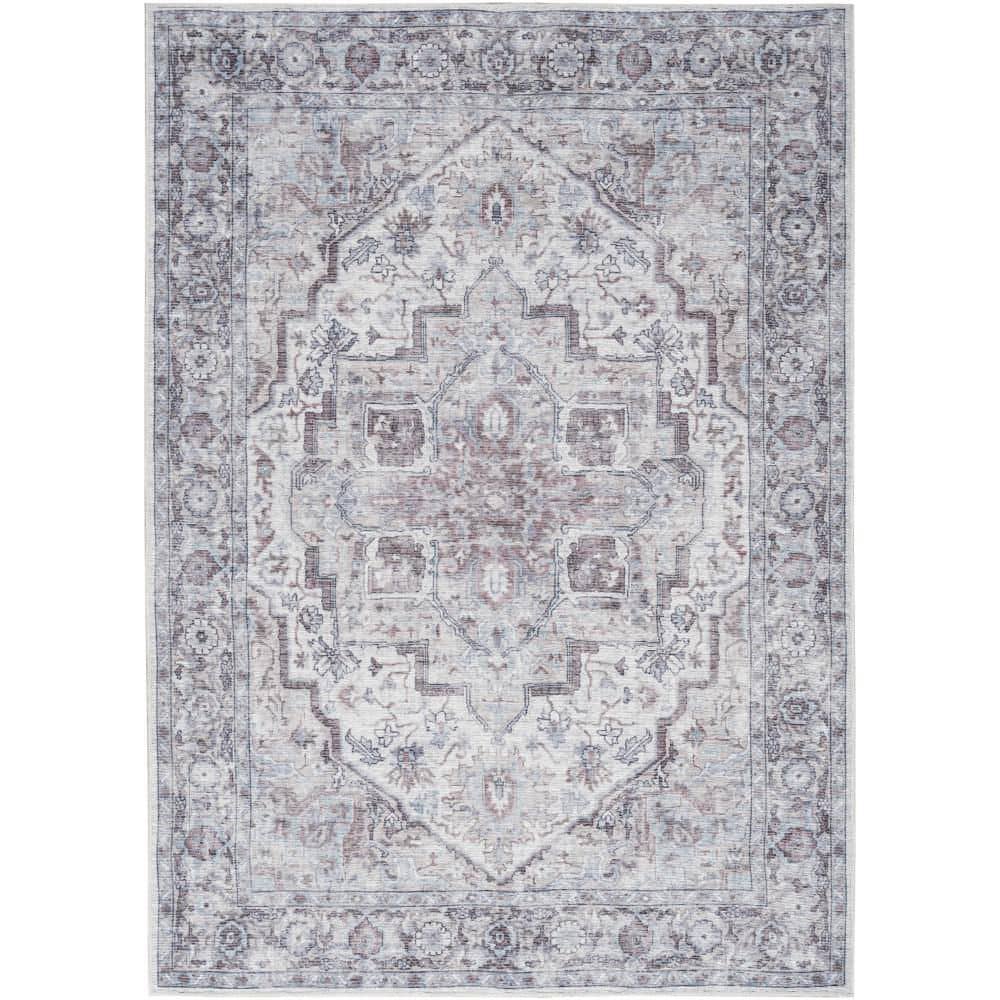 Machine Washable Series 1 Ivory Beige 5 ft. x 7 ft. Distressed Traditional 