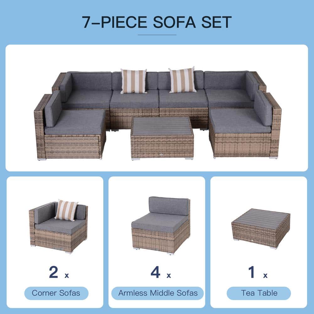 Gray 7-Piece Wicker Patio Sectional Sofa Set with Cushions