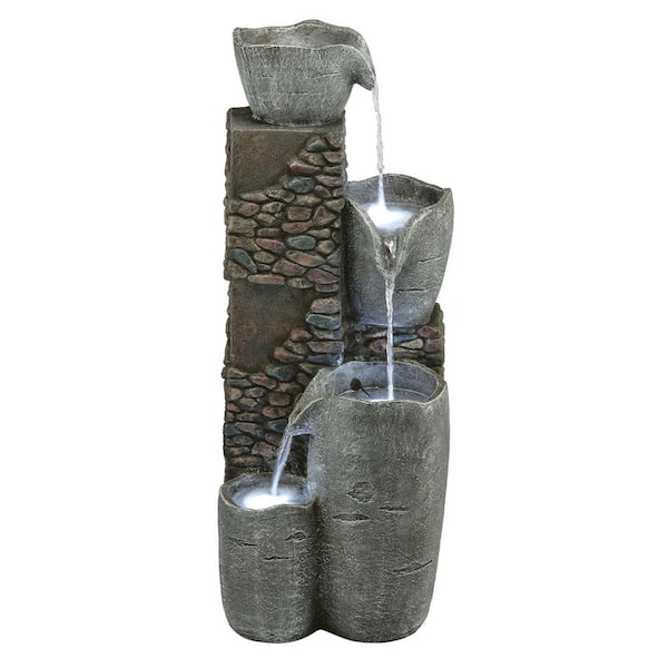 Alpine Corporation 42 in. Tall Outdoor 4 Tier Stone Bowl Fountain with LED Lights