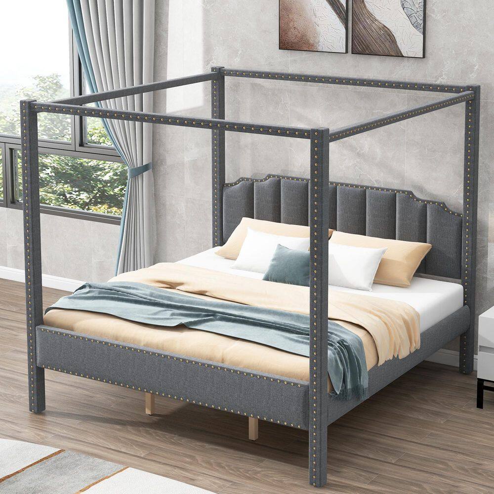 GOJANE Gray Wood Frame King Size Upholstery Canopy Bed with Headboard