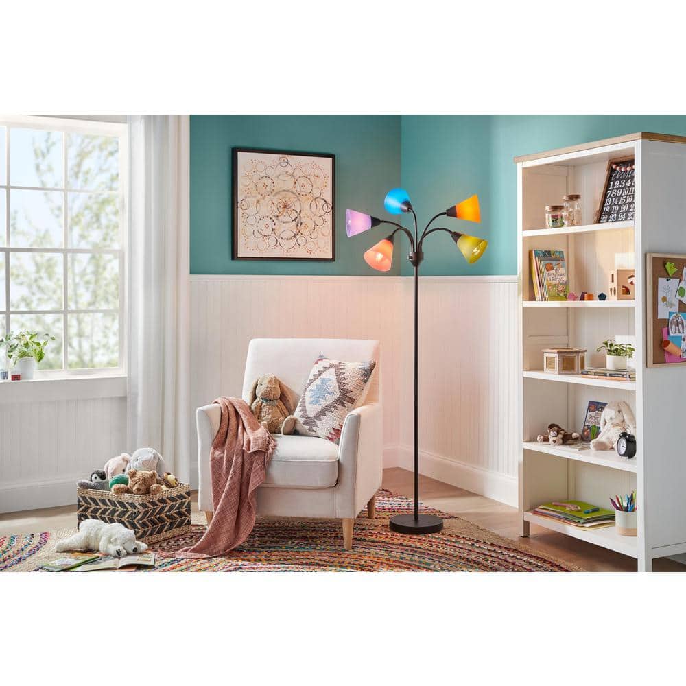 Hampton Bay 67 in. 5-Light Black Gooseneck Floor Lamp with Multi