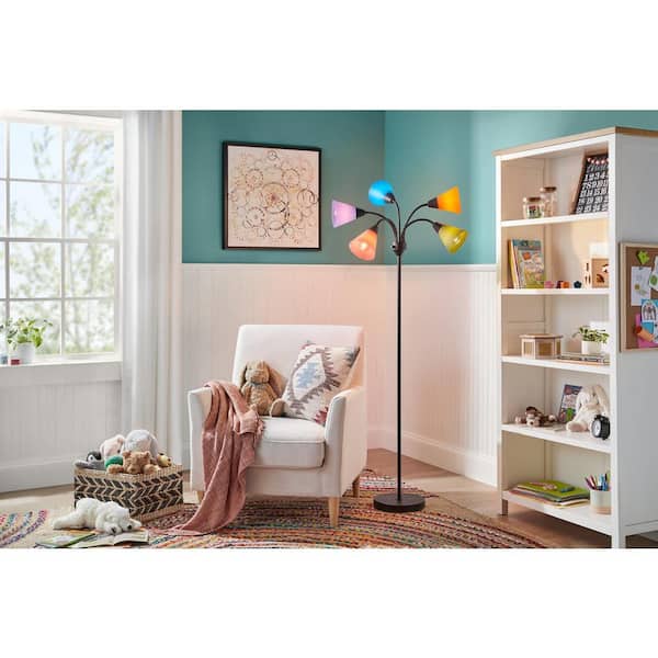 67 in. 5-Light Black Gooseneck Floor Lamp with Multi-Color Acrylic Shades